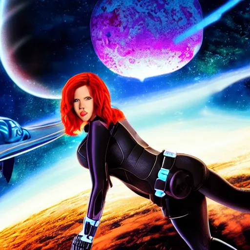 Prompt: still photo of black widow pregnant in a spaceship, planet earth in the backround, space stars, highly detailed, 8 k