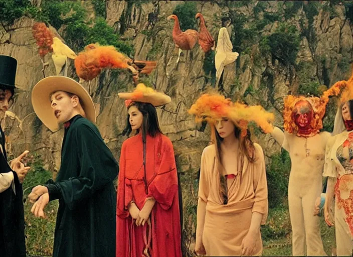 Image similar to 3 5 mm still from art house film by alejandro jodorowsky, wong kar - wai and wes anderson : : sensual scene in a picturesque outdoors setting : : fire, painted horse, high priestesses, smoke, debauchery, birds : : close - up of the actors'faces : : technicolor, 8 k