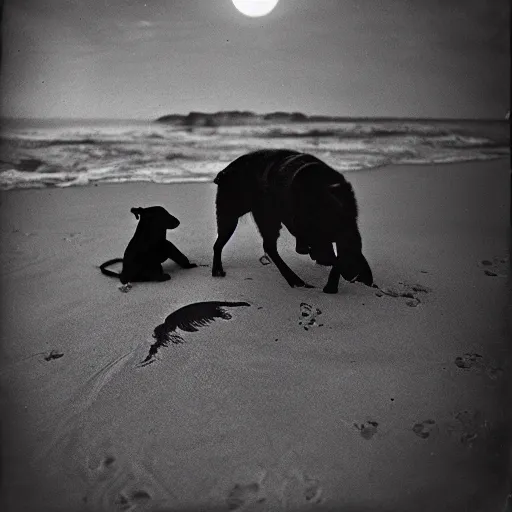 Prompt: an early 1 9 0 0 s photograph of an alien marking its extraterrestrial sigil on a black dog on the beach, moonlight, nighttime