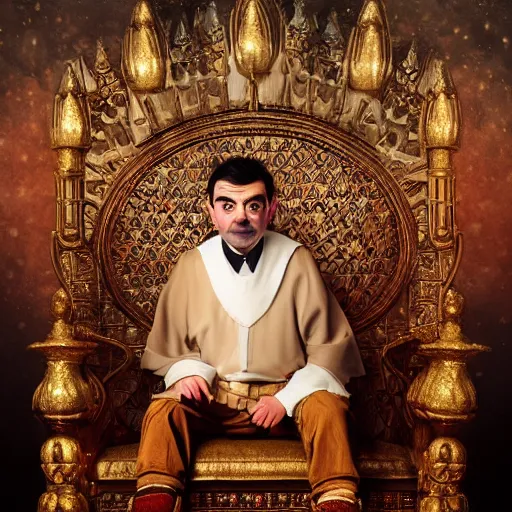 Prompt: A portrait of Mr. Bean depicted as a medieval king on throne, very close-up shot, atmospheric lighting, painted, intricate, volumetric lighting, beautiful, rich deep colours masterpiece, golden hour, sharp focus, ultra detailed, by Leesha Hannigan, Ross Tran, Thierry Doizon, Kai Carpenter, Ignacio Fernández Ríos