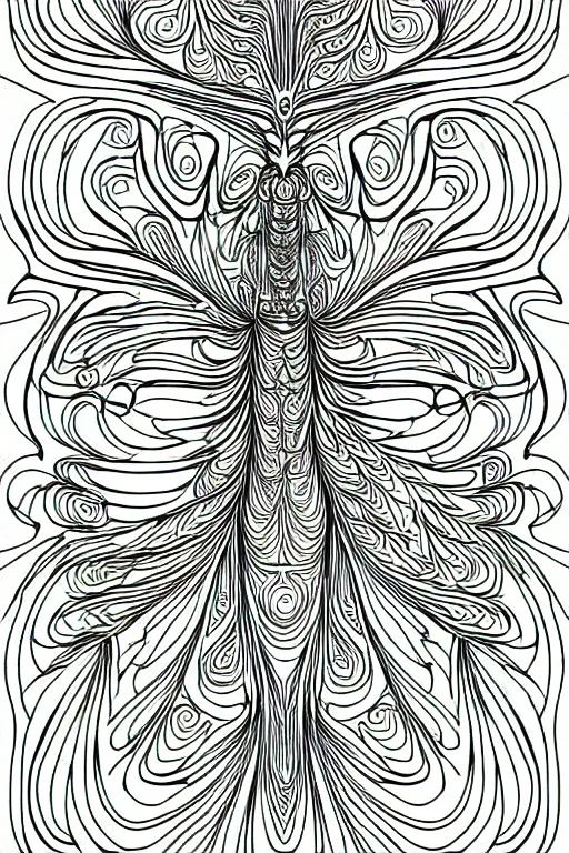 Prompt: mantis ornate luxury fractal ink drawing line art colouring page, vector, margins, fine lines, centered