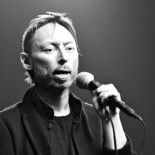 Prompt: Thom Yorke singing into a microphone, a photo by John E. Berninger, trending on pinterest, private press, associated press photo, angelic photograph, masterpiece