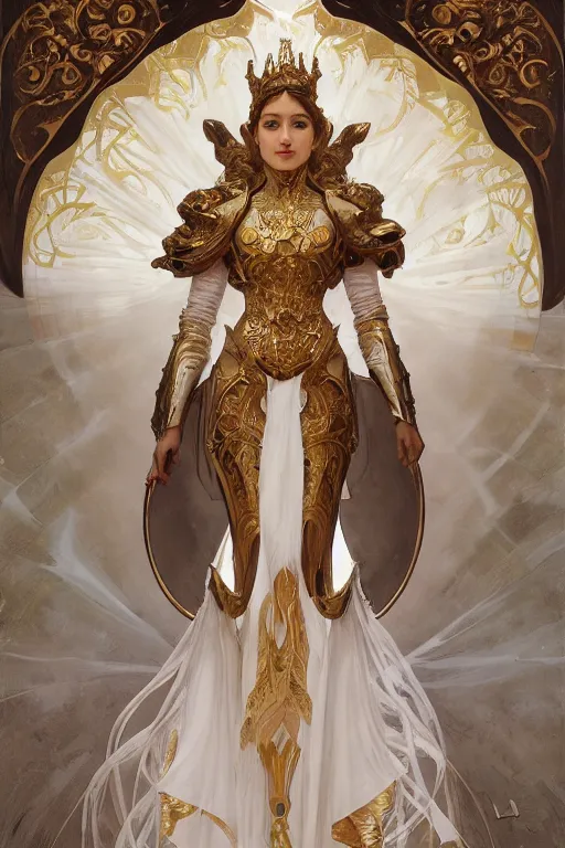 Image similar to full body portrait of a queen wearing white armor with ornate bronze and gold, white gossamer wings, art nouveau, profile, 4K, character concept art, oil painting, trending in artstation, cgsociety, by nekro, Alphonse Mucha, Artgerm, William-Adolphe Bouguereau, Greg Rutkowski