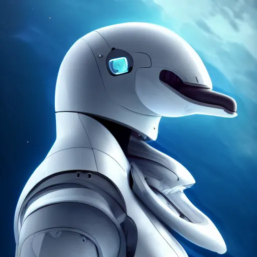 Image similar to very very beautiful furry art, bust profile picture of a male robotic anthro dolphin, synthetic cetacean hybrid android, face covered by dark fully opaque visor, wide bottlenose snout below visor, sleek round shapes, all ultramarine metal, integrated design, commission on furaffinity, cgsociety, octane render, sea in background