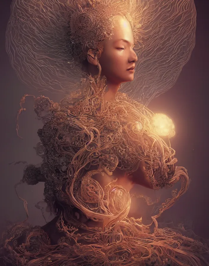 Image similar to goddess portrait. jellyfish phoenix head. intricate artwork by Tooth Wu and wlop and beeple. octane render, trending on artstation, greg rutkowski very coherent symmetrical artwork. cinematic, hyper realism, high detail, octane render, 8k, matte painting, peter mohrbacher, 3d