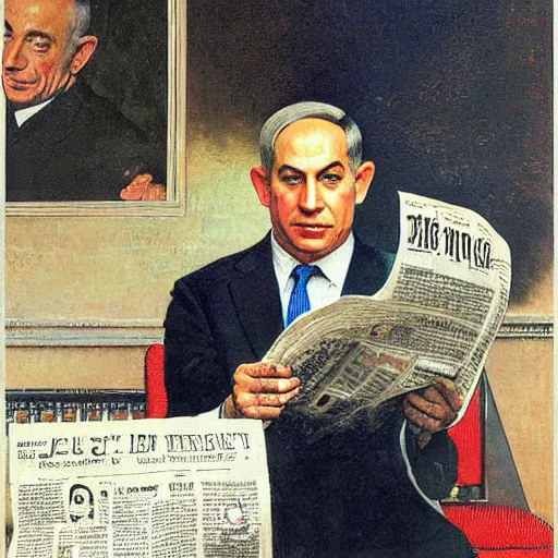 Image similar to portrait of benjamin netanyahu reading a newspaper, by norman rockwell