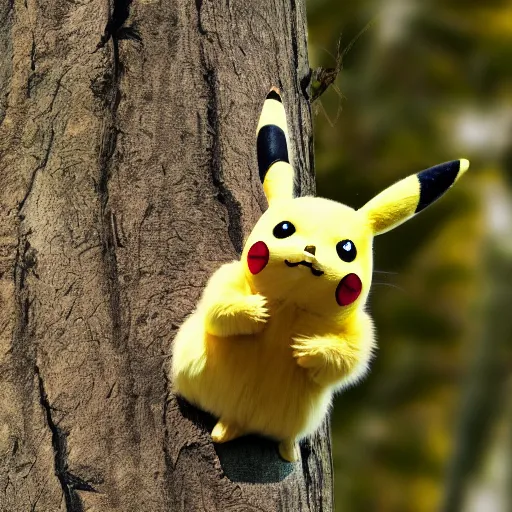 Image similar to photo of pikachu in a tree, fur, realistic, national geographic