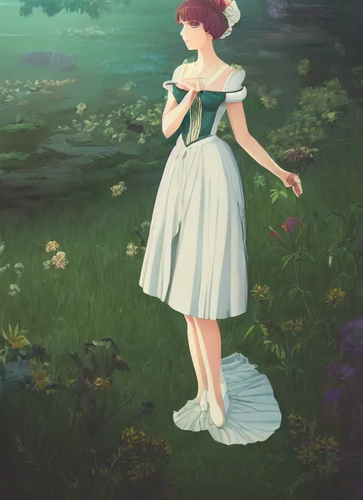 Prompt: a beautiful woman in a regency style dress, royal garden landscape , 4k, anime key visual, lois van baarle, ilya kuvshinov, rossdraws, artstation