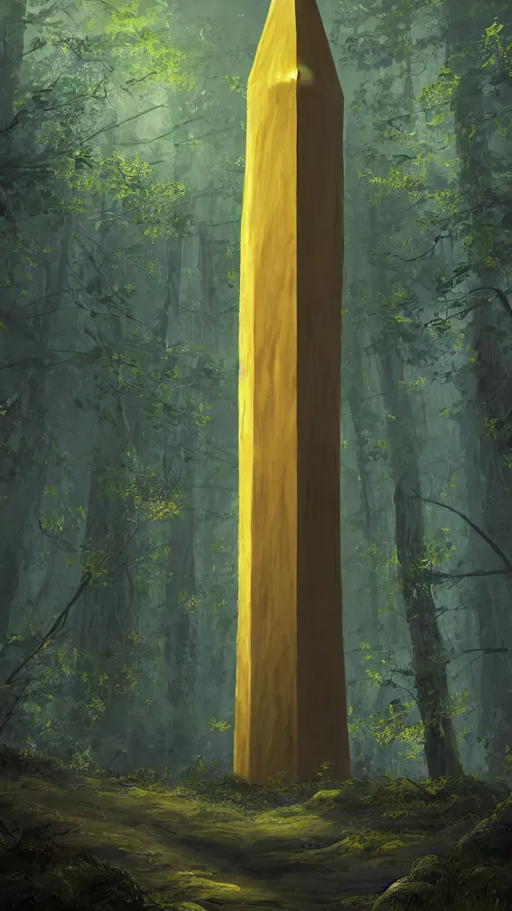 Image similar to a giant glowing yellow obelisk with inscriptions towering over a forest, ambient light, ultra detailed, fantasy artwork, 8k, very very very very very very very beautiful, trending on artstation, award winning, beautiful scenery.