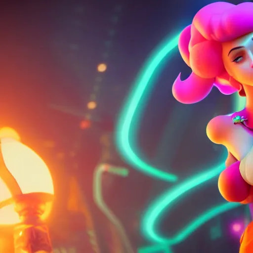 Image similar to Princess peach mixed with jinx from league of legends, background with neon lighting, raytrayced, octane render, smoke at the bottom, hyperrealist, by Joe Benitez, WLOP, Alessandro Barbucci, Barbara Canepa