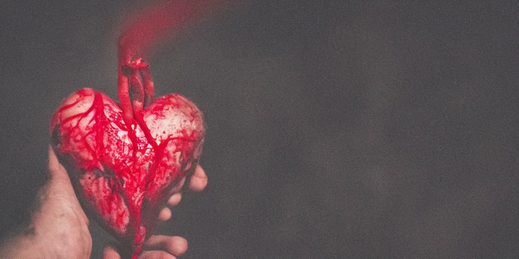 Image similar to a bloody heart being held by a hand, at night, torch lit, shallow depth of field