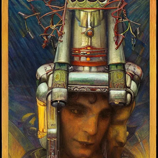 Prompt: the robot king of dawn with his lantern and crown, by Annie Swynnerton and Diego Rivera , symbolist, dramatic lighting, elaborate geometric ornament, Art Brut, soft cool colors,smooth, sharp focus, extremely detailed, Adolf Wölfli and Donato Giancola