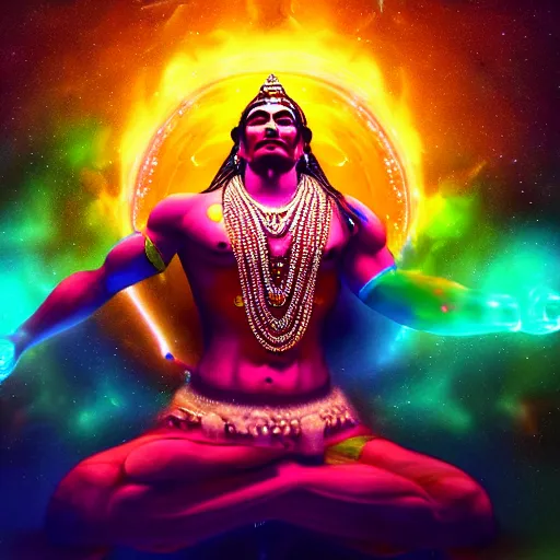 Prompt: Epic wide angle portrait of Shiva generating the universe with his dance, digital painting, octane render, glowing colors