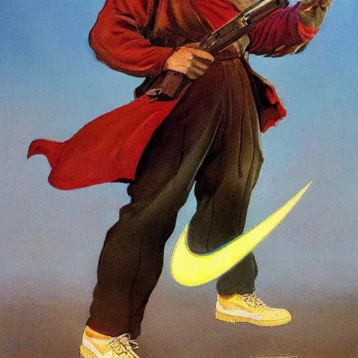 Prompt: a wizard holding a luger wearing nike air force 1's by frank frazetta