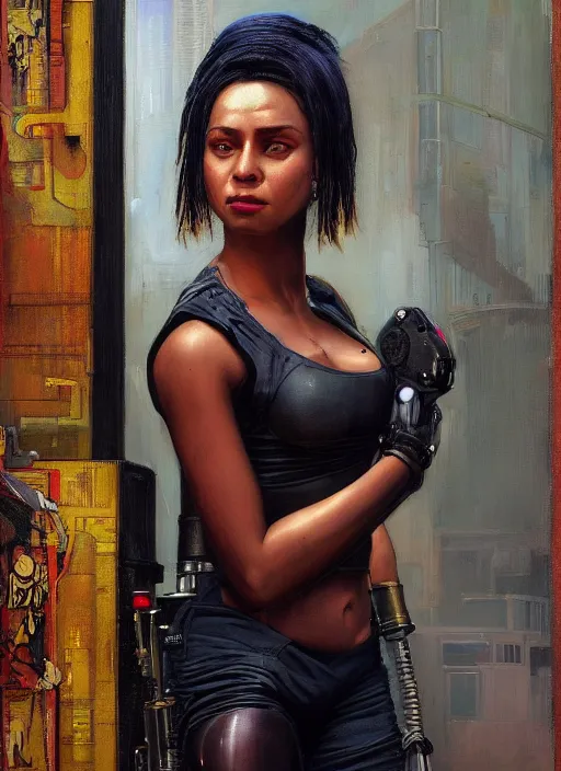 Image similar to Sophie Igwe. Buff Beautiful Cyberpunk mechanic with robotic legs. (Cyberpunk 2077, bladerunner 2049). Gorgeous face. Iranian orientalist portrait by john william waterhouse and Edwin Longsden Long and Theodore Ralli and Nasreddine Dinet, oil on canvas. Cinematic, vivid colors, hyper realism, realistic proportions, dramatic lighting, high detail 4k