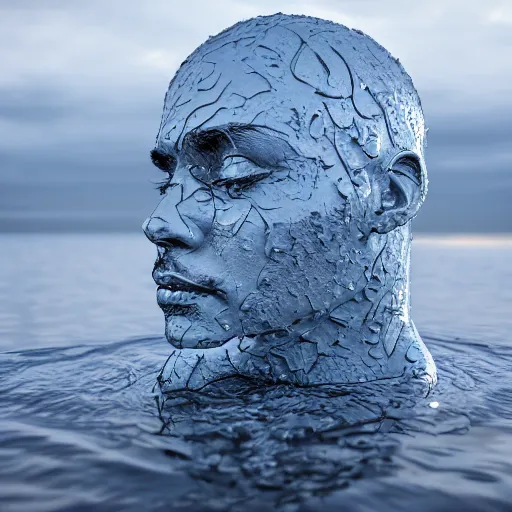 Image similar to a sculpture made out of water in the shape of a human head, on the ocean water, water manipulation, cinematic, in the style of johnson tsang, long shot, hyper detailed, hyper realistic, ray tracing, 8 k resolution, sharp focus, realistic water, award winning