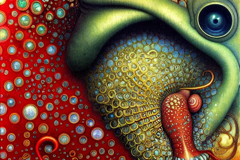 Prompt: realistic detailed closeup portrait painting of a single snail wearing crimson velvet blazer in a crowded futuristic moscow street by Jean Delville, Amano, Yves Tanguy, Alphonse Mucha, Ernst Haeckel, Ilya Repin, Edward Robert Hughes, Andrei Tarkovsky, Roger Dean, rich moody colours, blue eyes