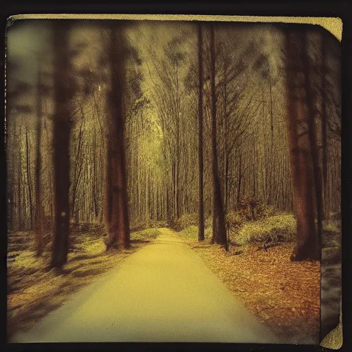 Image similar to aged blurry polaroid photograph of a forest at dusk