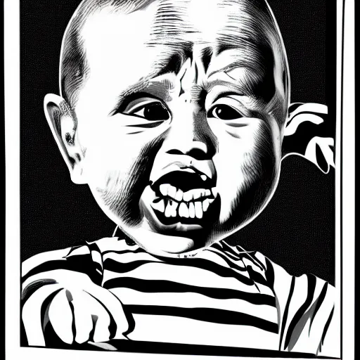 Image similar to a really ugly baby making a weird face, black and white vector art