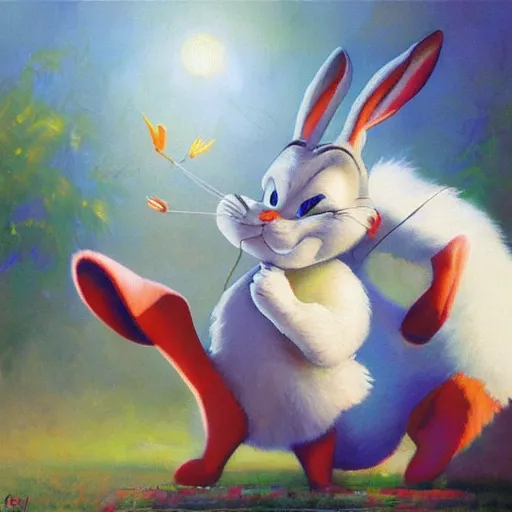 Image similar to a beautiful, soulful oil painting of bugs bunny by craig mullins