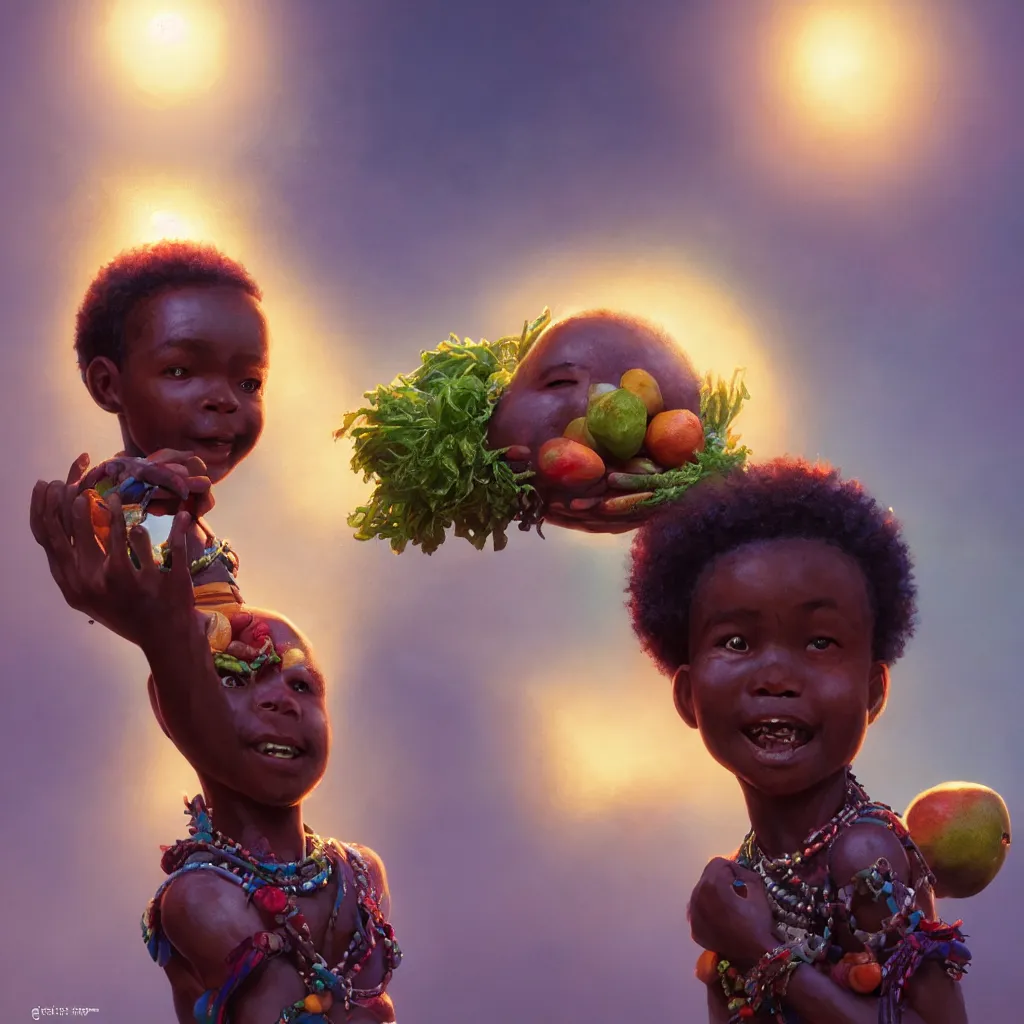 Image similar to Portrait, Happy African child carrying fruit and veg, divine details intricate African jewelry, fairycore, rainbow warrior, semi realistic comic Dr Zeus, octane render, A harmonious integration happy concept art Akitipe studios, volumetric lighting cinematic +8k, ethereal fantasy by greg rutkowski, Trending on artstation