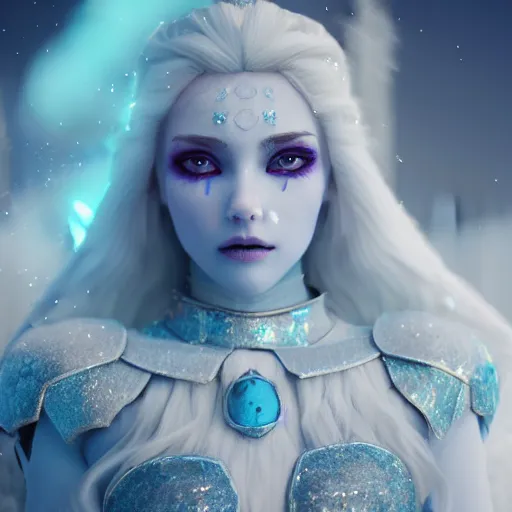 Prompt: ice goddess with beautiful face with a glowing blue crystal on her forehead, full body, frosty white eyes, winter mist around her, white plated armor, pale skin, white smoke, octane render, frostbite, 8 k, cinematic, 3 5 mm, aspect ratio