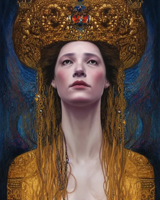 Prompt: full view Symbolic portrait of an ethereal Queen wearing a crown of sorrow sitting on throne by Gerald Brom and Gustav Klimt, detailed and realistic, featured on Artstation, soft lighting, behance