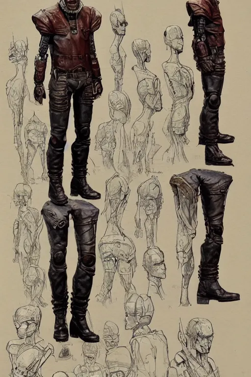 Prompt: character design, reference sheet, 40's robotic human, optimistic, rusty, straw hat, heavy boots, leather bomber jacket, detailed, concept art, realistic, hyperdetailed, , art by Frank Frazetta