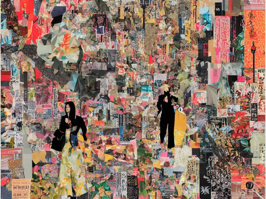 Image similar to maximalist paper collage art of a woman walking through a tokyo shopping district at sunset