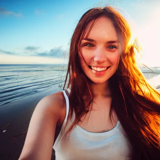 Prompt: Selfie photograph of a cute and beautiful young woman, long shiny bronze brown hair, green eyes, freckles, smug smile, golden hour, beach background, medium shot, mid-shot, trending on Artstation