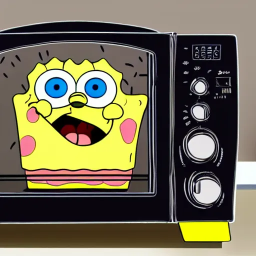 Prompt: an oven with a spongebob pie cooking inside