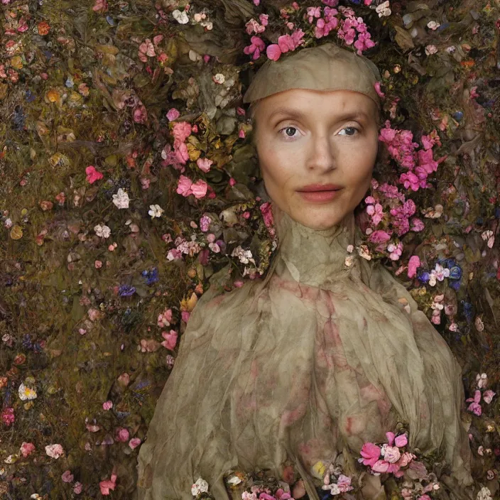 Prompt: a closeup portrait of a woman wearing a cloak made of plastic and mud, in an infinite landscape of flowers, photograph by john currin, canon eos c 3 0 0, ƒ 1. 8, 3 5 mm, 8 k, medium - format print