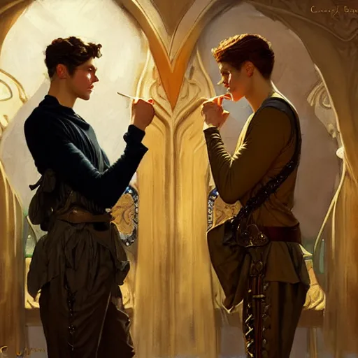 Image similar to attractive fully clothed king confesses his love for his attractive fully clothed male prince. highly detailed painting by j. c. leyendecker, craig mullins, tom bagshaw,