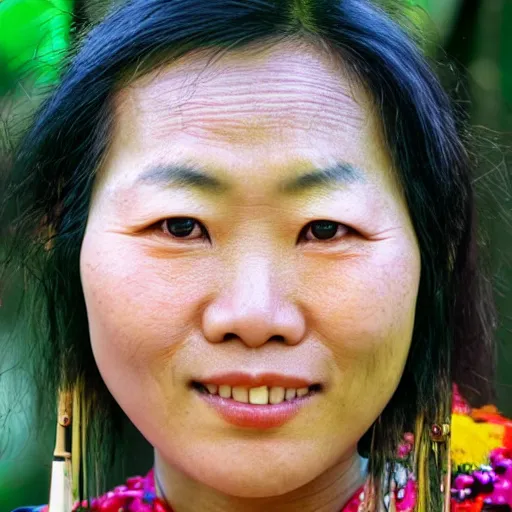 Prompt: a ultra high resolution close - up of asian woman from tai tribe in lush green forest. photo from the front. idol - look and beautiful woman is smiling and has eye contact with the camera. face is clear and symetrical. the light is dim, and the colours are muted. kodak etkar 1 0 0.