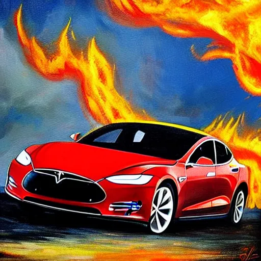 Prompt: a beautiful complex painting of a tesla on fire