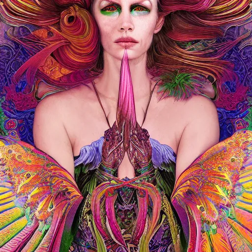 Image similar to A reality bending psychedelic ayahuasca experience, colorful, distorted, surreal, tropical bird feathers, dramatic lighting on the face, intricate lace, elegant fabric, highly detailed, digital painting, concept art, smooth, sharp focus, illustration, art by Krenz Cushart and Wayne Barlowe and alphonse mucha