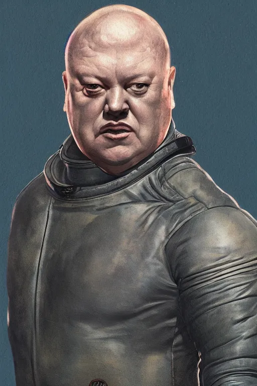 Image similar to upper body portrait of baron harkonnen wearing leather spacesuit, detailed, illustration by normal rockwell, artstation character art, greg rutkowski