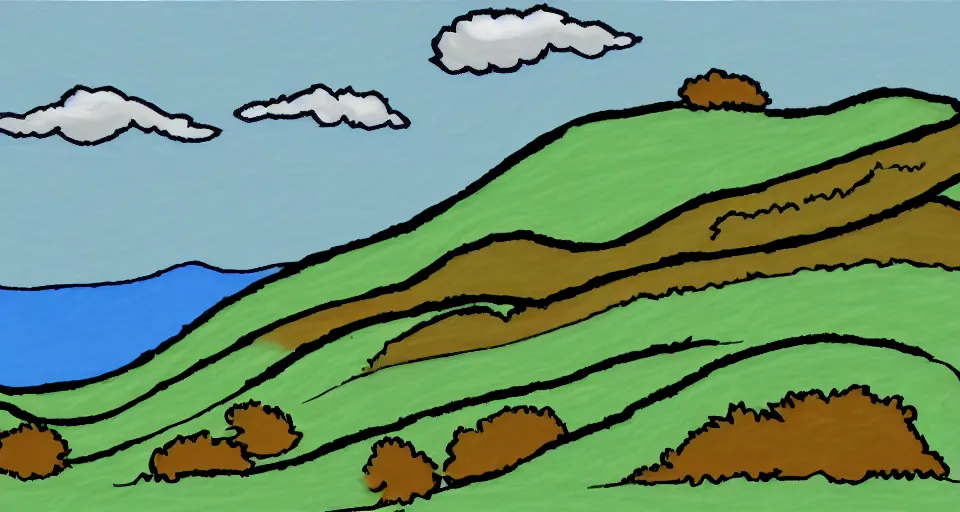 Image similar to Poorly drawn mspaint art piece of rolling hills. Terrible awful ugly unskilled amateurish boring lazy uncoordinated sloppy.