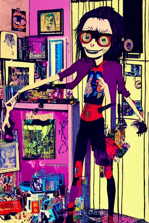 Image similar to a skinny goth guy standing in a cluttered 9 0 s bedroom by jamie hewlett, jamie hewlett art, full body character concept art, vaporwave colors, digital painting, hd, ultra hd, detailed, award winning,