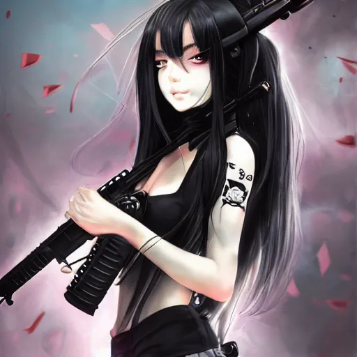 Prompt: upper body portrait of a beautiful girl with long black hair, wearing black riot gear, holding AR-15, drawn by WLOP, by Avetetsuya Studios, attractive character, colored sketch anime manga panel, trending on Artstation