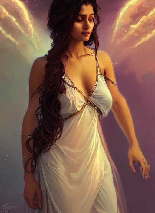 Image similar to cute brown woman wearing a transparent night gown, fantasy, intricate, highly detailed, digital painting, artstation, concept art, wallpaper, smooth, sharp focus, illustration, art by artgerm and greg rutkowski and alphonse mucha