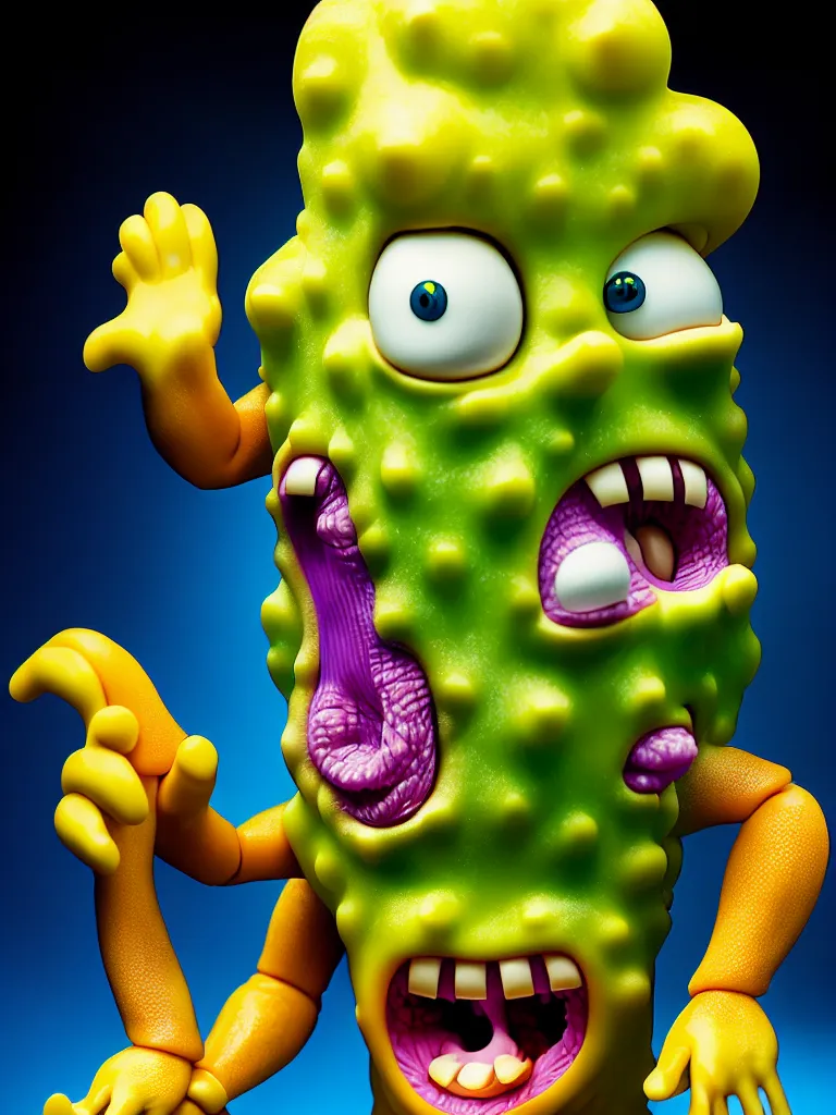 Image similar to hyperrealistic rendering, fat smooth john carpenter flesh monster spongebob by art of skinner and richard corben and jeff easley, product photography, action figure, sofubi, studio lighting, colored gels, colored background