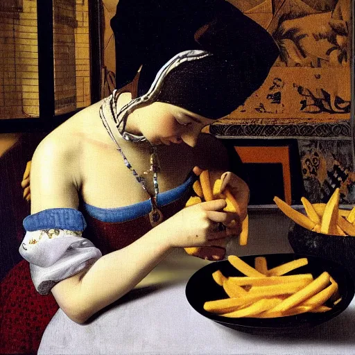 Image similar to dua lipa eating too many fries, johannes vermeer, ultra detailed, ultra realistic