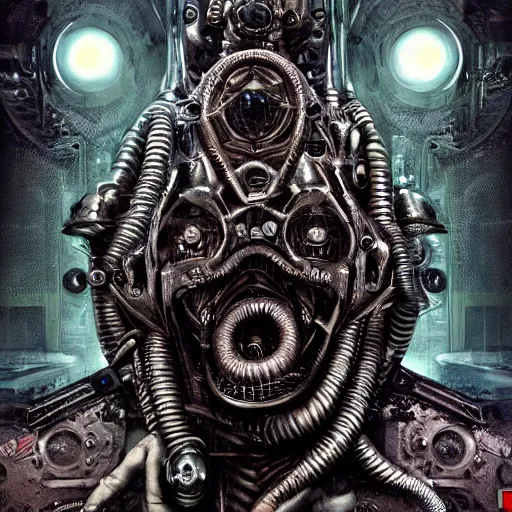 Image similar to mechanical cthulhu, cyborg, hyperealistic detailed photography, divinity, awful, religious art, cyberpunk, by h. r. giger