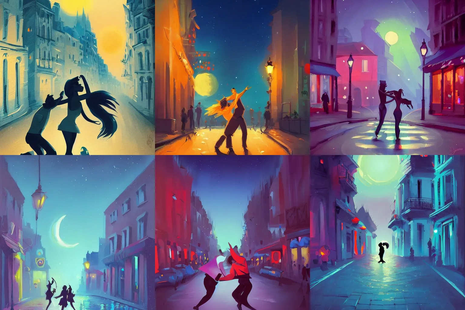 Prompt: painting of a couple passionately dancing in a street in paris at night, blue moonlight, giant moon, by Anton Fadeev and Christian Dimitrov, concept art, romantic, trending on artstation, atmospheric