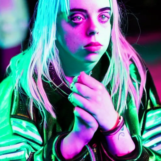 Prompt: billie eilish in the street, explosion of neon lights