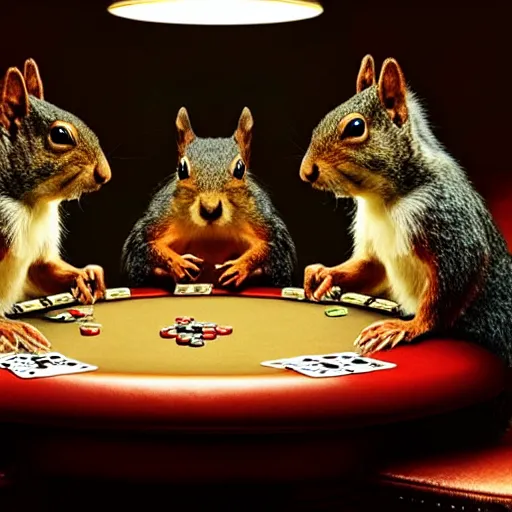 Prompt: a meeting of squirrels playing poker, dramatic lighting, perfect movie shot