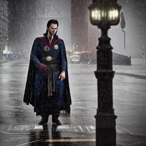 Image similar to doctor strange waiting for the bus during a rainy day, award winning candid photography