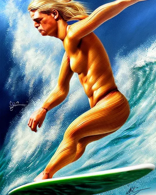 Prompt: surfing in a sea of pasta, detailed realistic sport art, artgerm