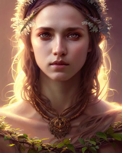 Prompt: beautiful female druid, portrait, fantasy, young, symmetrical eyes, correct eyes proportion, beautiful iris, detailed, intricate, leaves and simple cloth, global lighting, digital art, digital painting, artstation, wlop, sharp focus, illustration, art by artgerm and greg rutkowski and alphonse mucha, 8 k